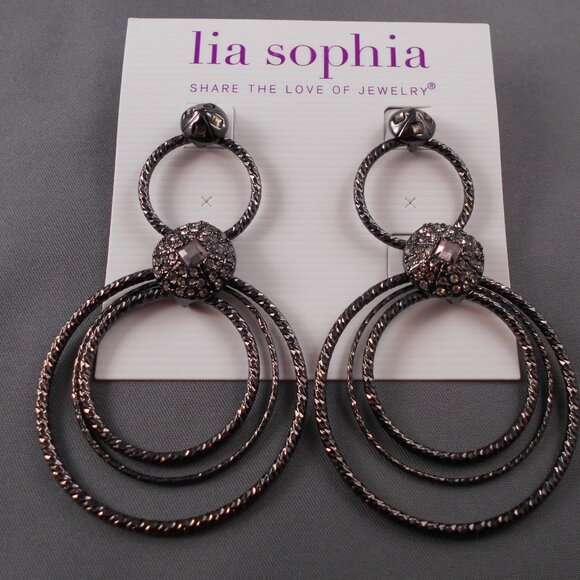 Lia Sophia Triple Hoop Pewter and Rhinestone Earrings - Picture 1 of 1